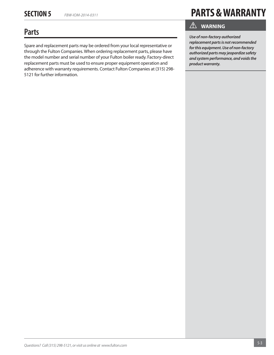 Parts & warranty, Parts | Fulton Electric (FB-W) Hot Water Boiler User Manual | Page 27 / 32