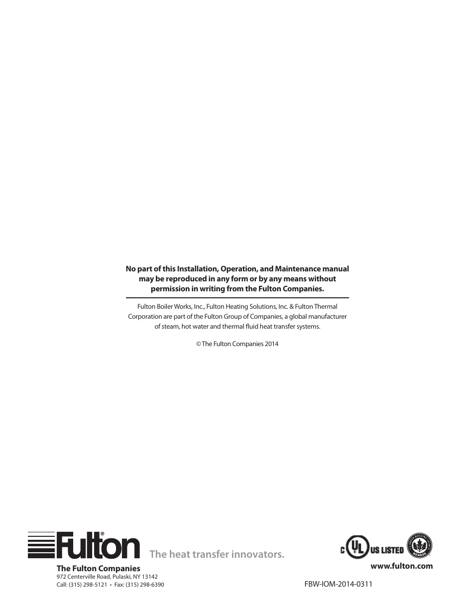 The heat transfer innovators | Fulton Electric (FB-W) Hot Water Boiler User Manual | Page 32 / 32