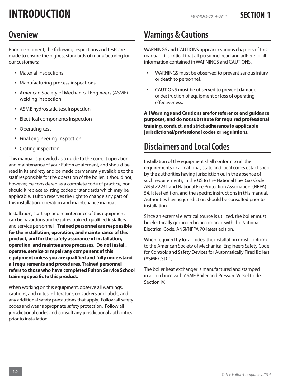 Introduction, Overview, Warnings & cautions | Disclaimers and local codes | Fulton Electric (FB-W) Hot Water Boiler User Manual | Page 6 / 32