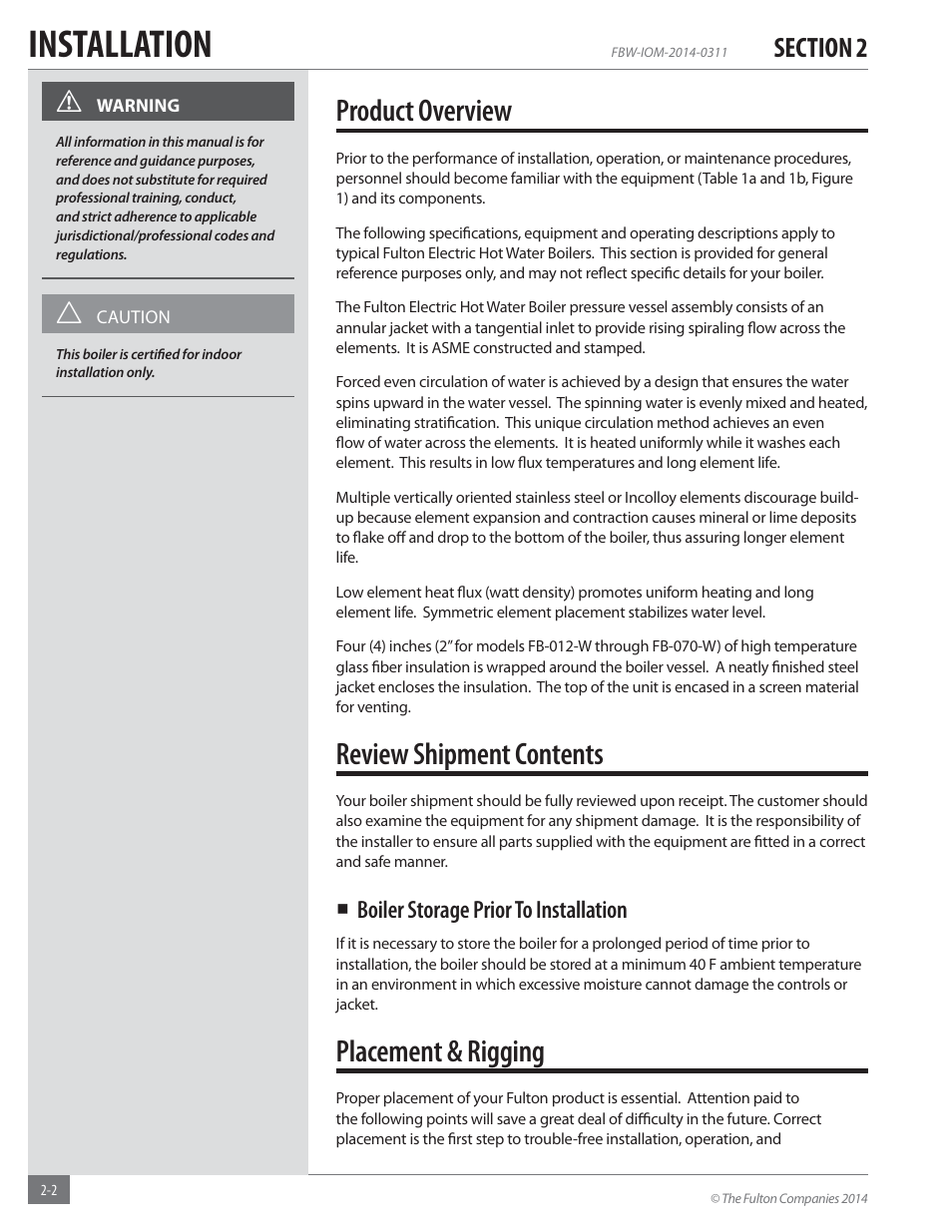 Installation, Product overview, Review shipment contents | Placement & rigging | Fulton Electric (FB-W) Hot Water Boiler User Manual | Page 8 / 32