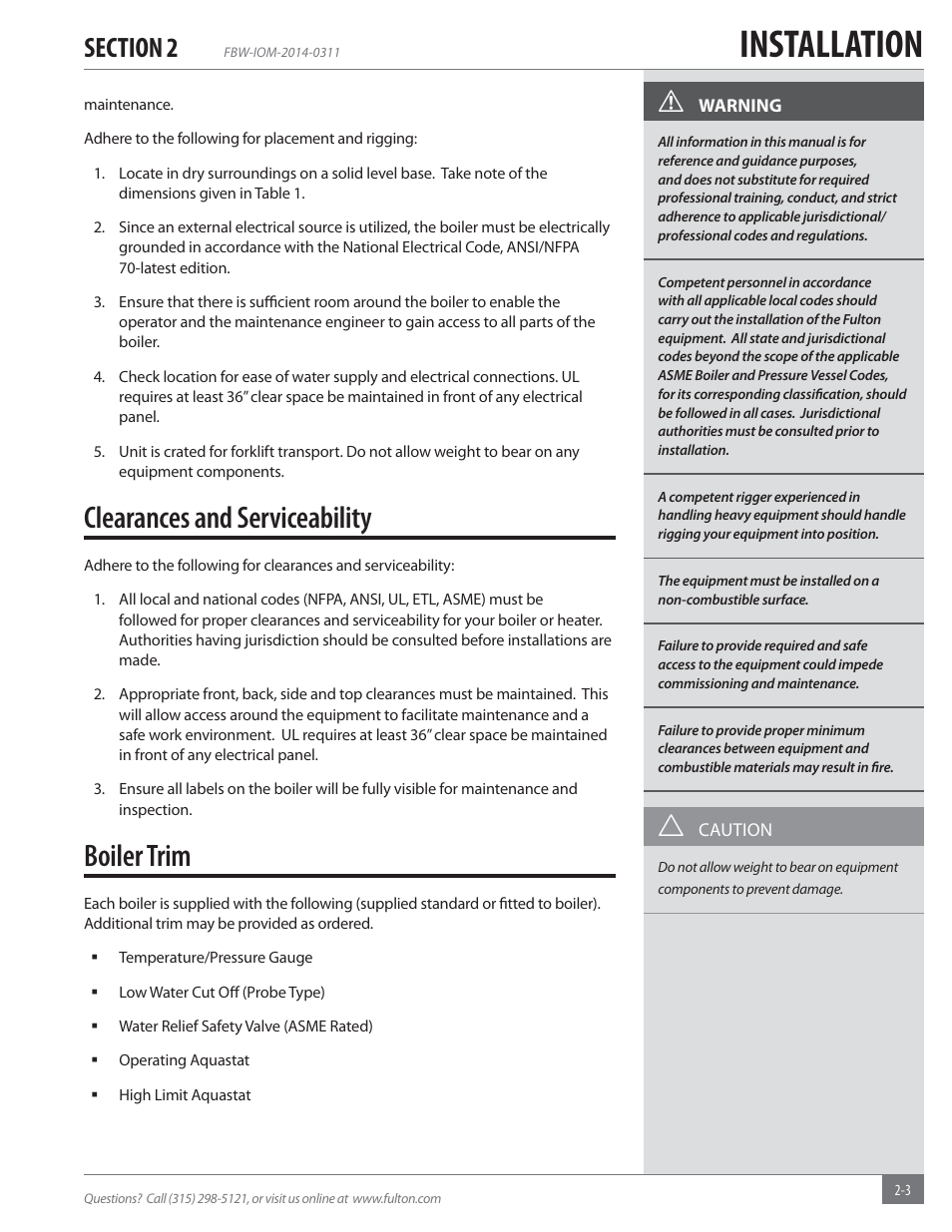 Installation, Clearances and serviceability, Boiler trim | Fulton Electric (FB-W) Hot Water Boiler User Manual | Page 9 / 32