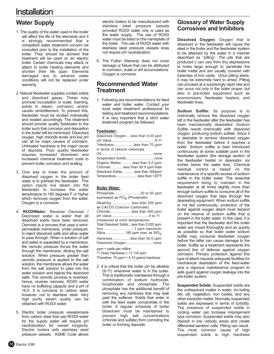 Installation, Water supply, Recommended water treatment | Glossary of water supply corrosives and inhibitors | Fulton Electric (FB-L) Steam Boiler User Manual | Page 20 / 46