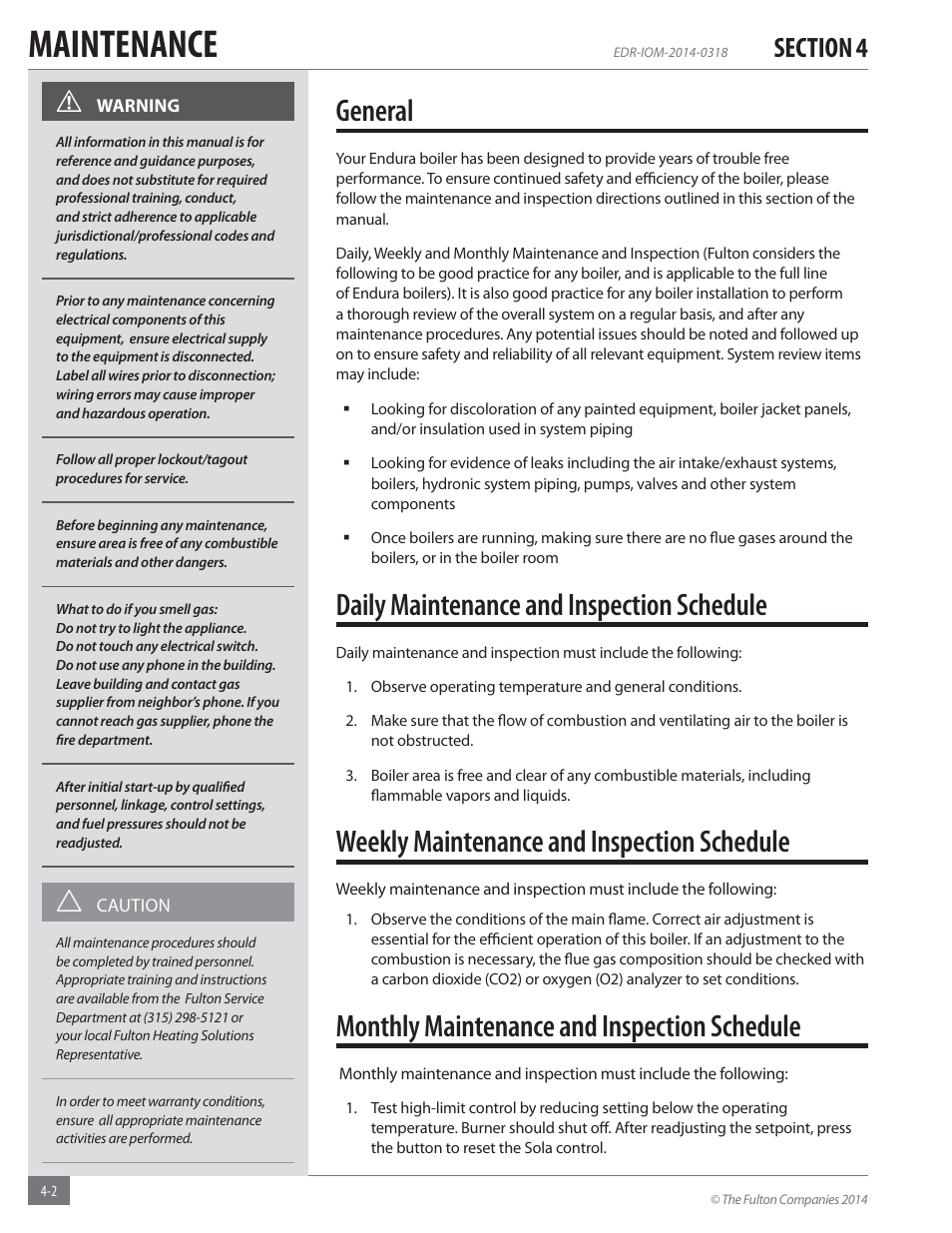 Maintenance, General, Daily maintenance and inspection schedule | Weekly maintenance and inspection schedule, Monthly maintenance and inspection schedule | Fulton Endura (EDR) Condensing Hydronic Boiler User Manual | Page 54 / 68