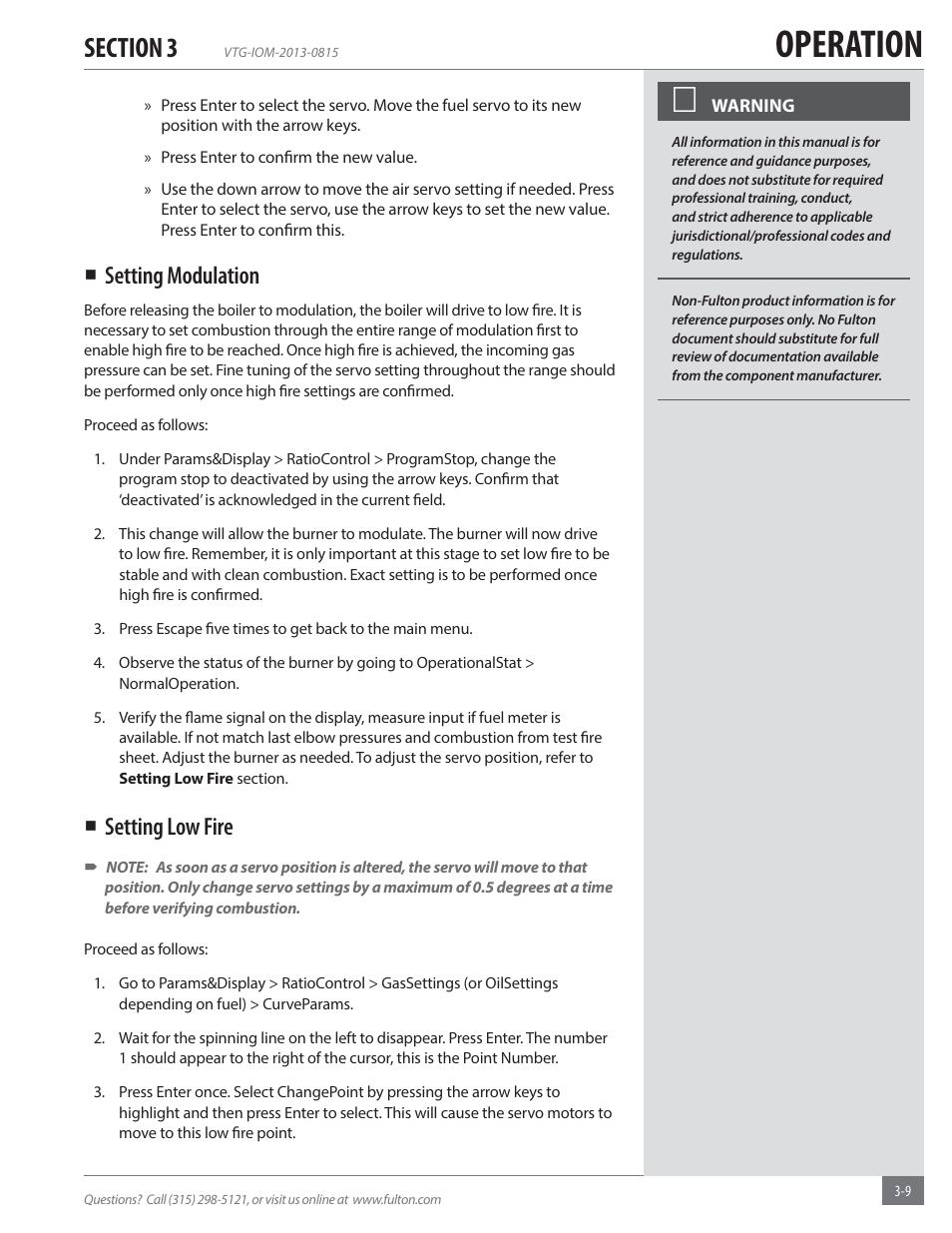 Operation, Setting modulation, Setting low fire | Fulton Vantage (VTG) Fully Condensing Hydronic Boiler User Manual | Page 45 / 96