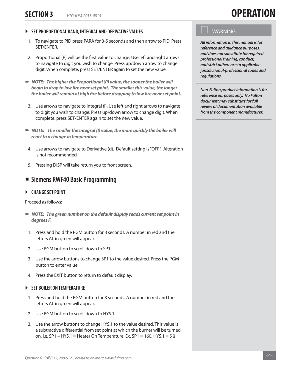 Operation, Siemens rwf40 basic programming | Fulton Vantage (VTG) Fully Condensing Hydronic Boiler User Manual | Page 49 / 96