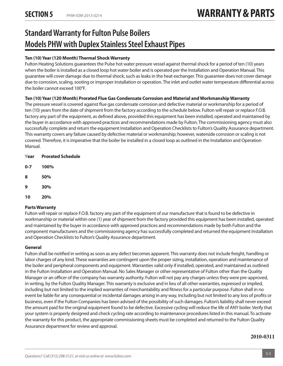 Warranty & parts | Fulton Pulse HW (PHW) Fully Condensing Hydronic Boiler User Manual | Page 71 / 84