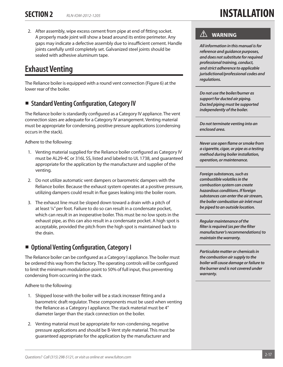 Installation, Exhaust venting, Standard venting confi guration, category iv | Optional venting confi guration, category i | Fulton Reliance (RLN) High Efficiency Cooper Fin Boiler User Manual | Page 23 / 60