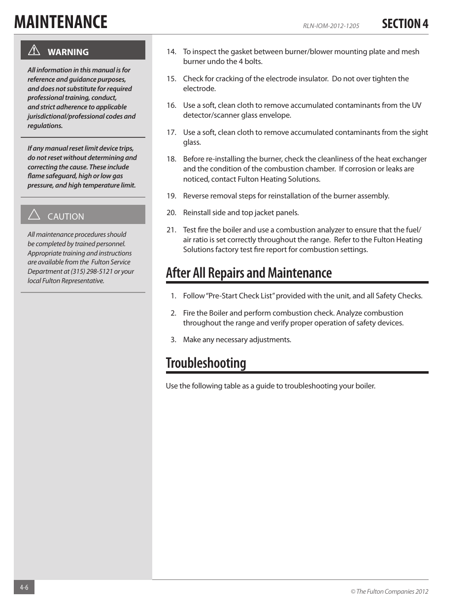 Maintenance, After all repairs and maintenance, Troubleshooting | Fulton Reliance (RLN) High Efficiency Cooper Fin Boiler User Manual | Page 48 / 60