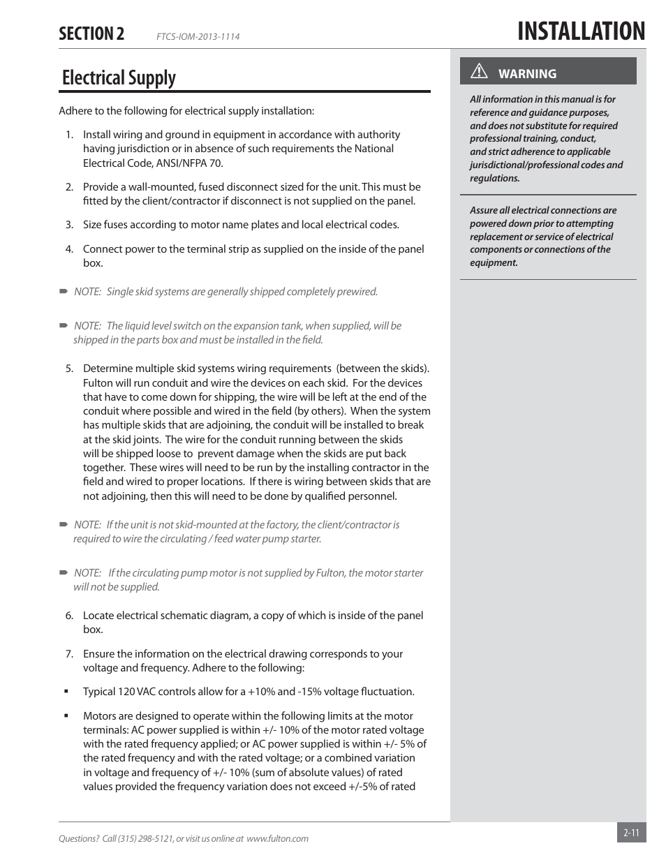 Installation, Electrical supply | Fulton Vertical Coil (FT-C_S) Thermal Fluid (hot oil) Heater User Manual | Page 17 / 92