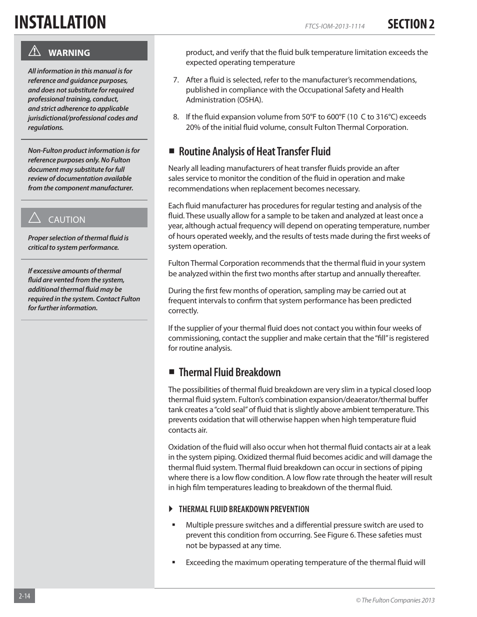 Installation, Routine analysis of heat transfer fluid, Thermal fluid breakdown | Fulton Vertical Coil (FT-C_S) Thermal Fluid (hot oil) Heater User Manual | Page 20 / 92