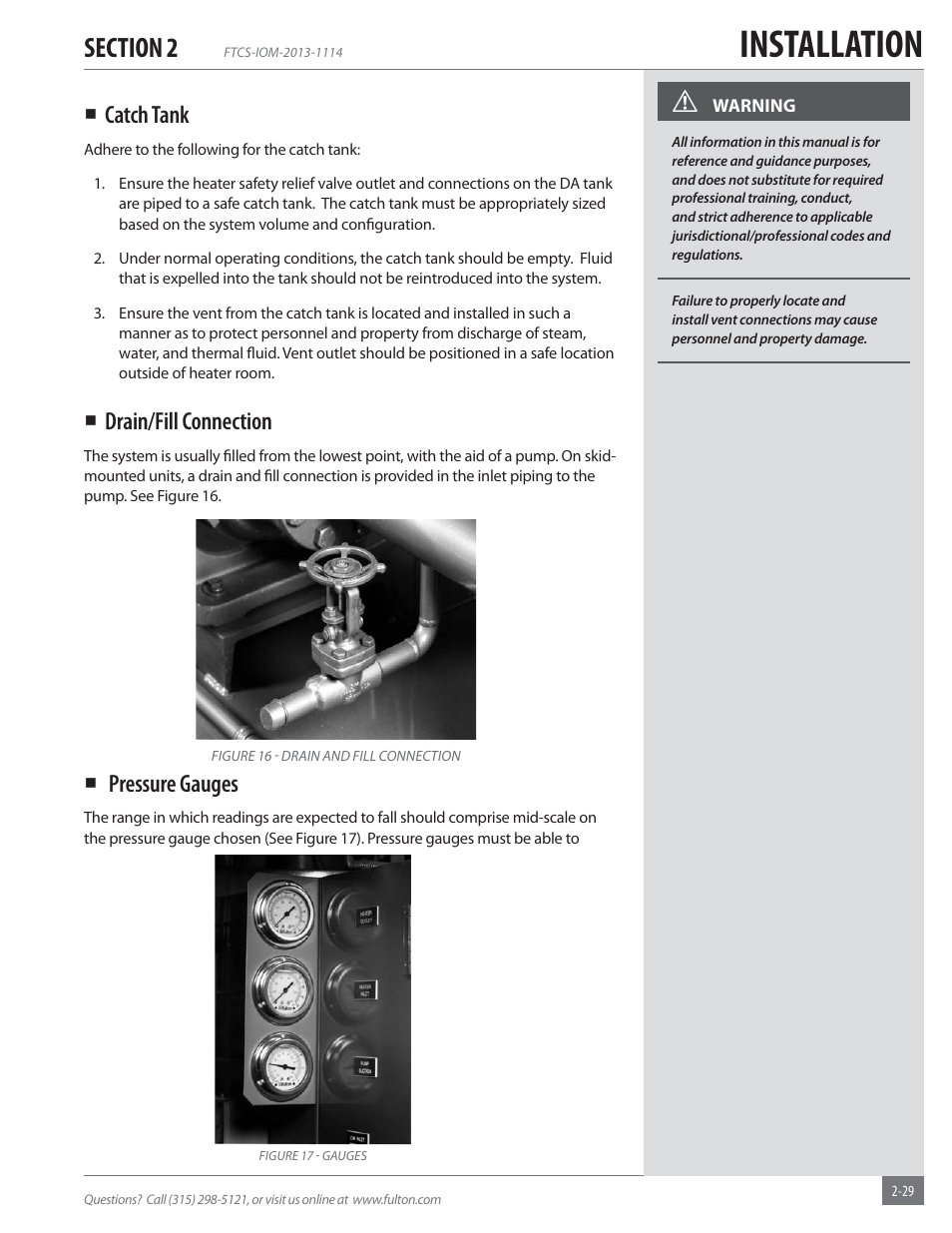 Installation, Catch tank, Drain/fill connection | Pressure gauges | Fulton Vertical Coil (FT-C_S) Thermal Fluid (hot oil) Heater User Manual | Page 35 / 92