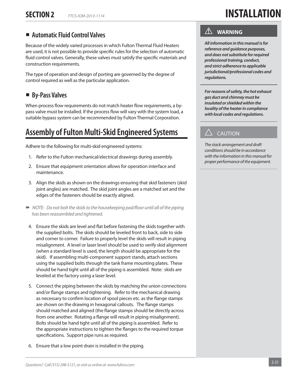Installation, Assembly of fulton multi-skid engineered systems, Automatic fluid control valves | By-pass valves | Fulton Vertical Coil (FT-C_S) Thermal Fluid (hot oil) Heater User Manual | Page 37 / 92