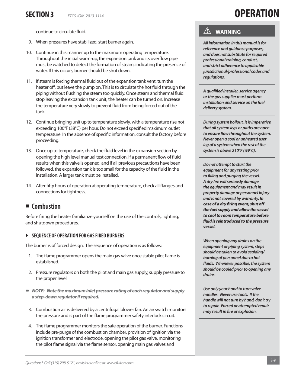 Operation, Combustion | Fulton Vertical Coil (FT-C_S) Thermal Fluid (hot oil) Heater User Manual | Page 49 / 92