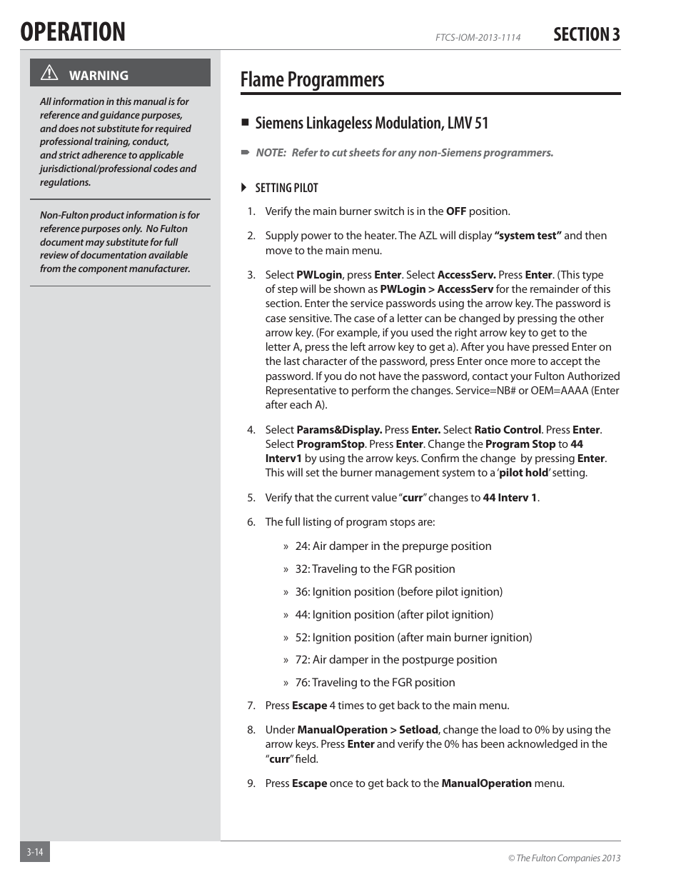 Operation, Flame programmers, Siemens linkageless modulation, lmv 51 | Fulton Vertical Coil (FT-C_S) Thermal Fluid (hot oil) Heater User Manual | Page 54 / 92
