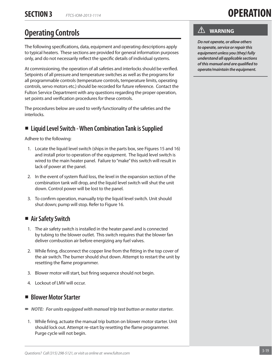 Operation, Operating controls, Air safety switch | Blower motor starter | Fulton Vertical Coil (FT-C_S) Thermal Fluid (hot oil) Heater User Manual | Page 59 / 92