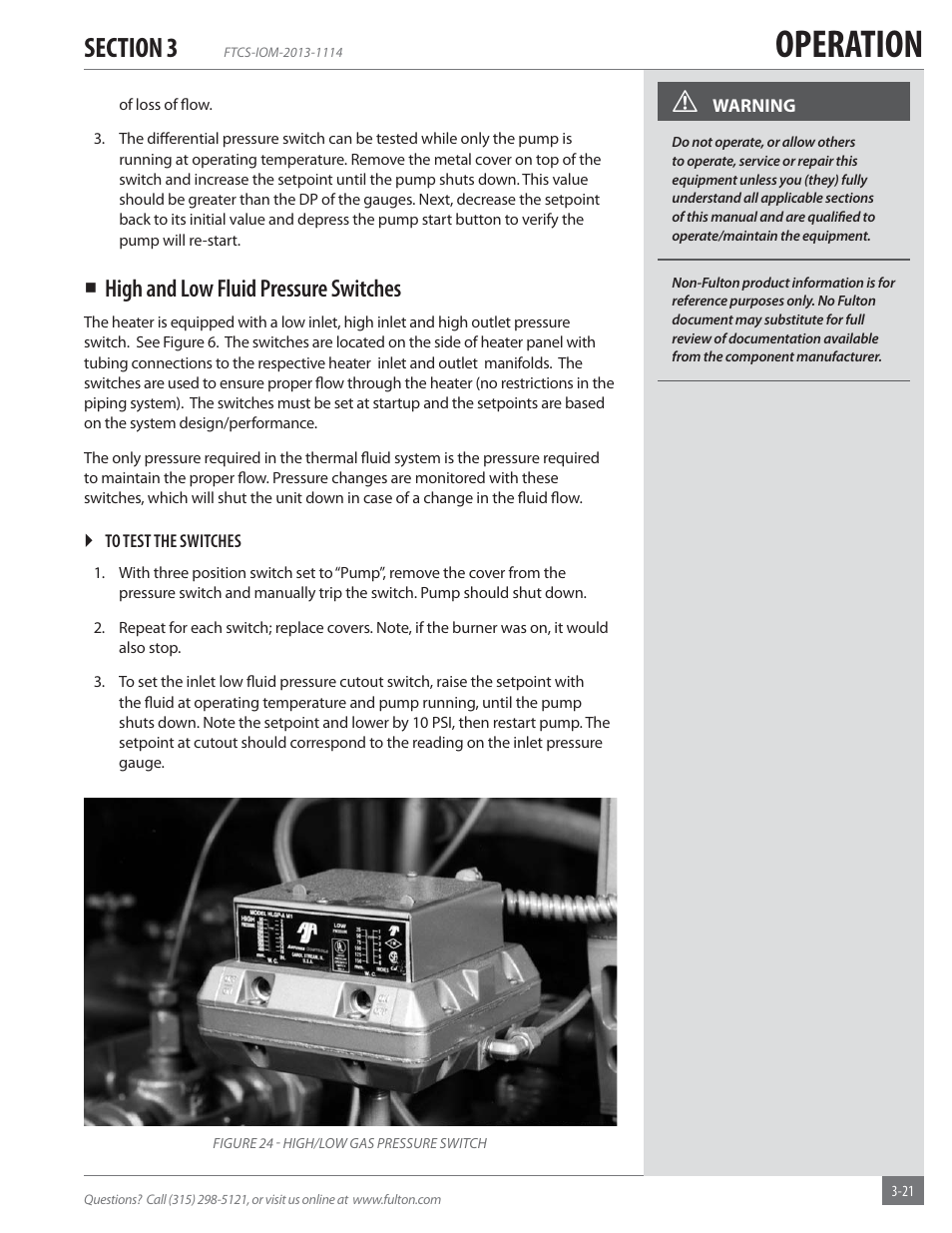 Operation, High and low fluid pressure switches | Fulton Vertical Coil (FT-C_S) Thermal Fluid (hot oil) Heater User Manual | Page 61 / 92