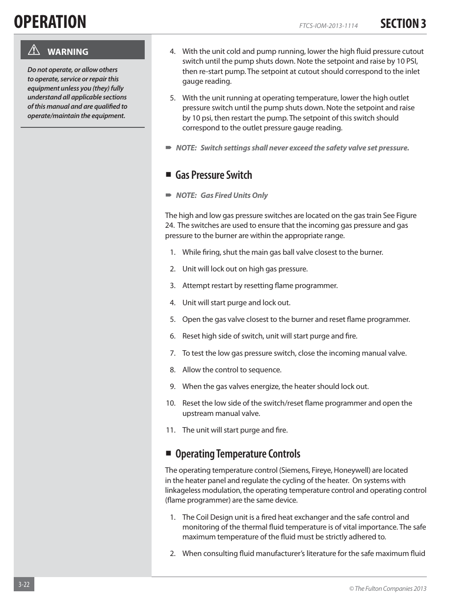 Operation, Gas pressure switch, Operating temperature controls | Fulton Vertical Coil (FT-C_S) Thermal Fluid (hot oil) Heater User Manual | Page 62 / 92