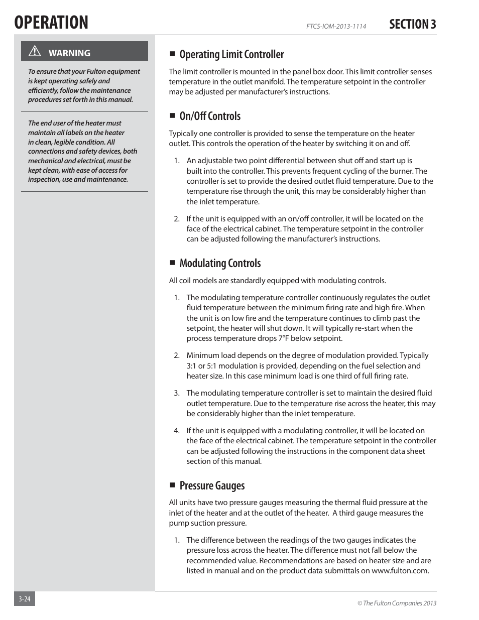 Operation, Operating limit controller, On/oﬀ controls | Modulating controls, Pressure gauges | Fulton Vertical Coil (FT-C_S) Thermal Fluid (hot oil) Heater User Manual | Page 64 / 92