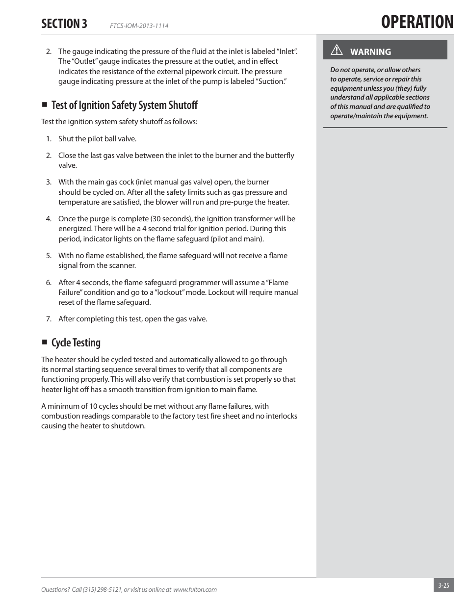 Operation, Test of ignition safety system shutoﬀ, Cycle testing | Fulton Vertical Coil (FT-C_S) Thermal Fluid (hot oil) Heater User Manual | Page 65 / 92