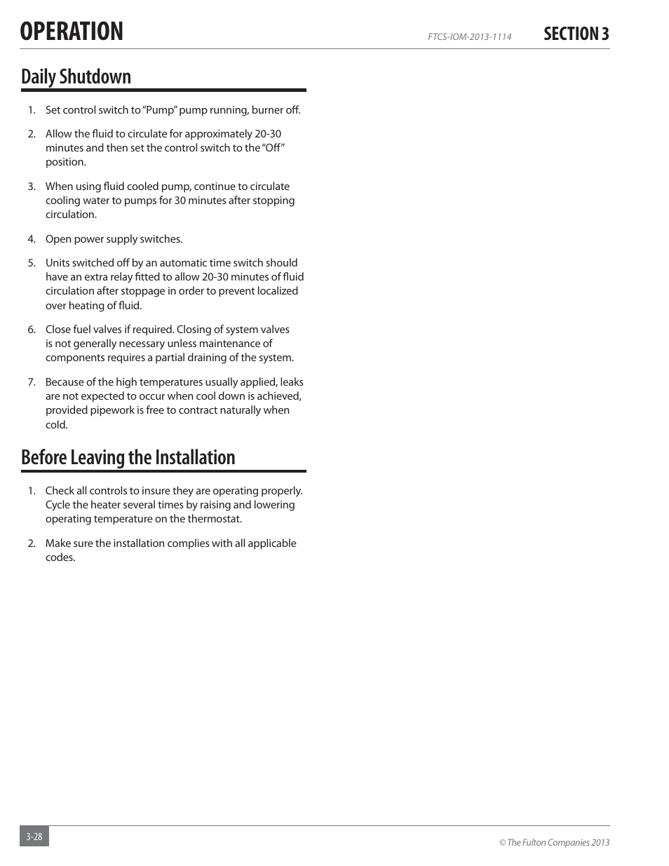 Operation, Daily shutdown, Before leaving the installation | Fulton Vertical Coil (FT-C_S) Thermal Fluid (hot oil) Heater User Manual | Page 68 / 92