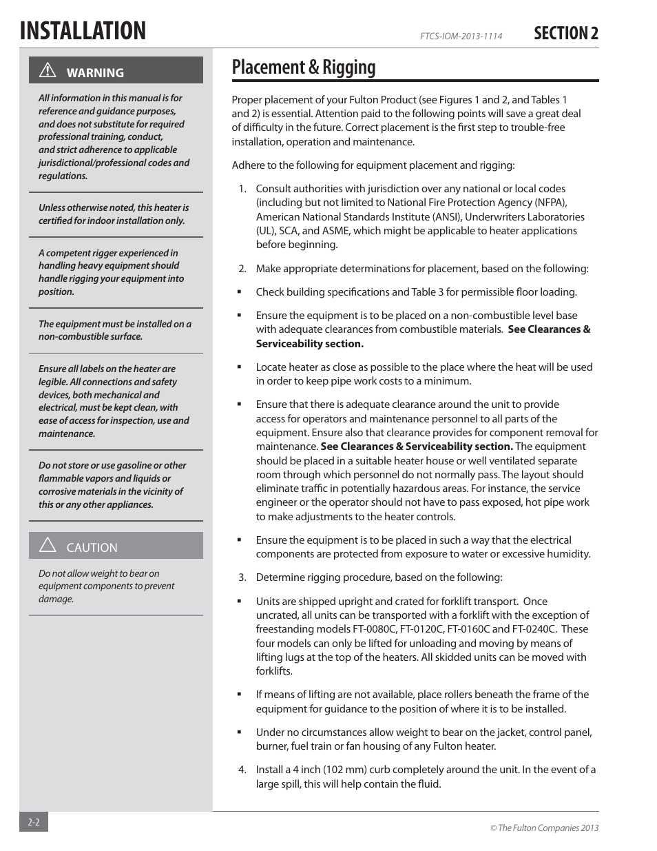Installation, Placement & rigging | Fulton Vertical Coil (FT-C_S) Thermal Fluid (hot oil) Heater User Manual | Page 8 / 92
