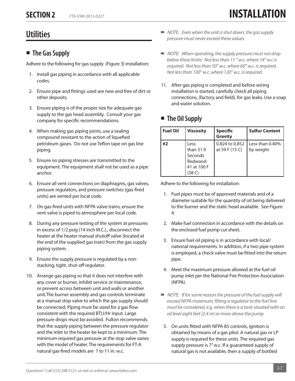 Installation, Utilities, The gas supply | The oil supply | Fulton Vertical Tubeless (FT-A) Thermal Fluid (hot oil) Heater User Manual | Page 13 / 84