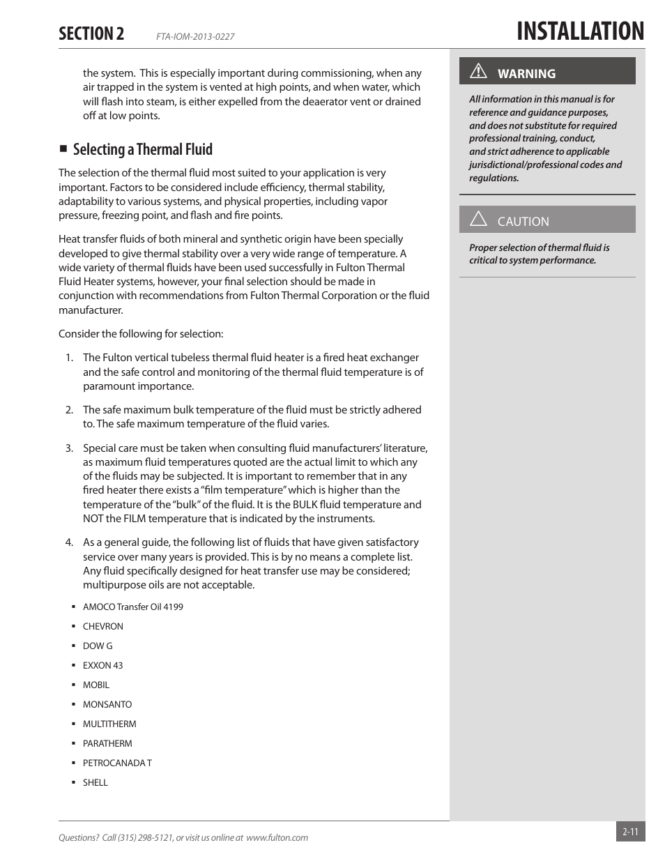 Installation, Selecting a thermal fluid | Fulton Vertical Tubeless (FT-A) Thermal Fluid (hot oil) Heater User Manual | Page 17 / 84