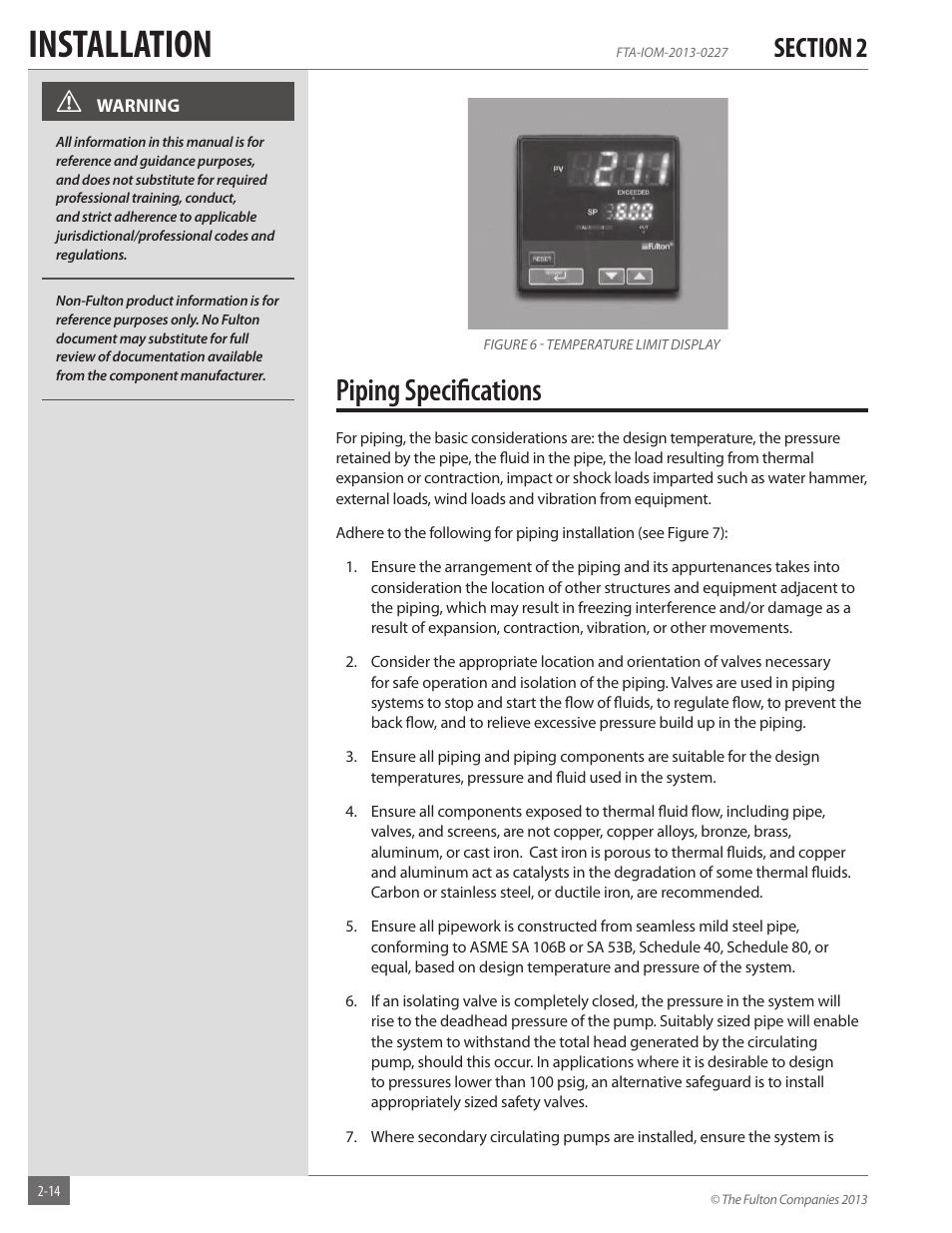 Installation, Piping specifi cations | Fulton Vertical Tubeless (FT-A) Thermal Fluid (hot oil) Heater User Manual | Page 20 / 84