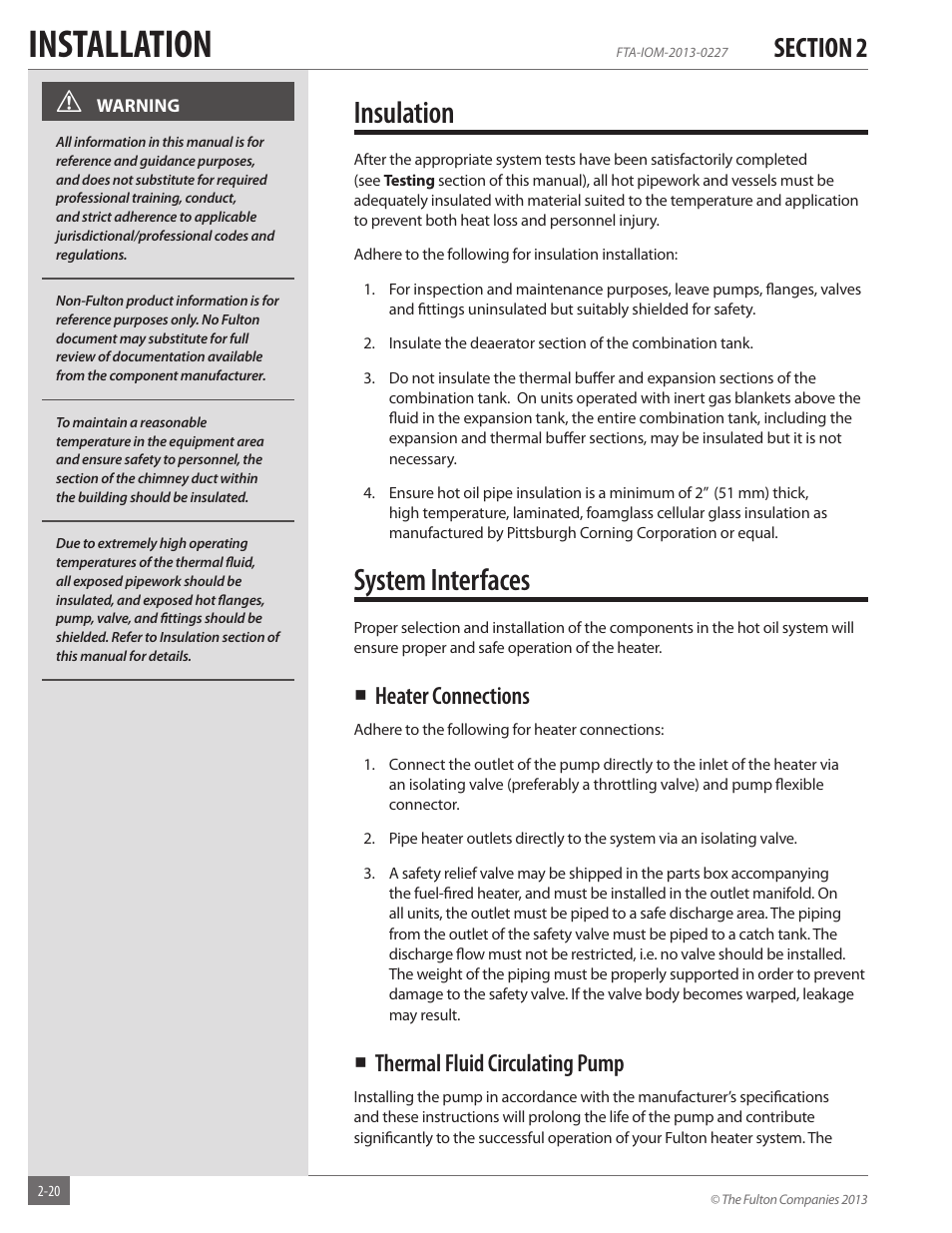 Installation, Insulation, System interfaces | Heater connections, Thermal fluid circulating pump | Fulton Vertical Tubeless (FT-A) Thermal Fluid (hot oil) Heater User Manual | Page 26 / 84