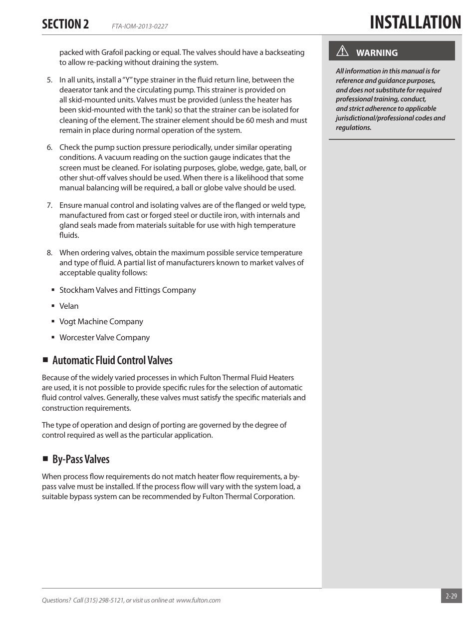 Installation, Automatic fluid control valves, By-pass valves | Fulton Vertical Tubeless (FT-A) Thermal Fluid (hot oil) Heater User Manual | Page 35 / 84