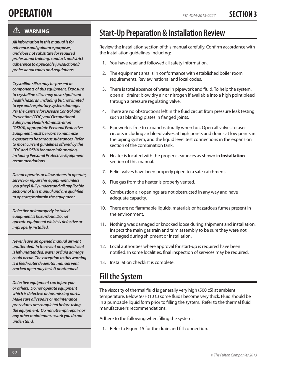 Operation, Start-up preparation & installation review, Fill the system | Fulton Vertical Tubeless (FT-A) Thermal Fluid (hot oil) Heater User Manual | Page 42 / 84