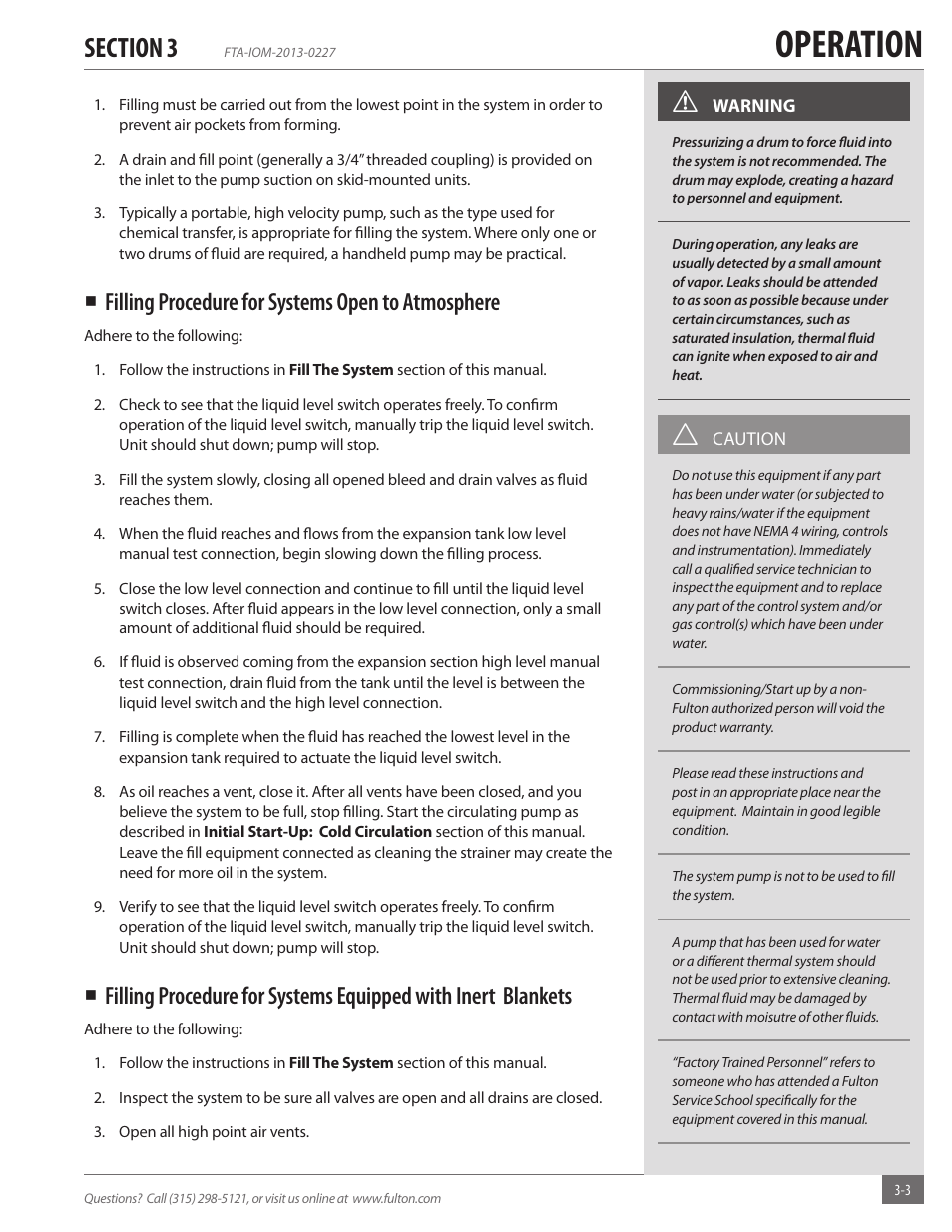 Operation, Filling procedure for systems open to atmosphere | Fulton Vertical Tubeless (FT-A) Thermal Fluid (hot oil) Heater User Manual | Page 43 / 84