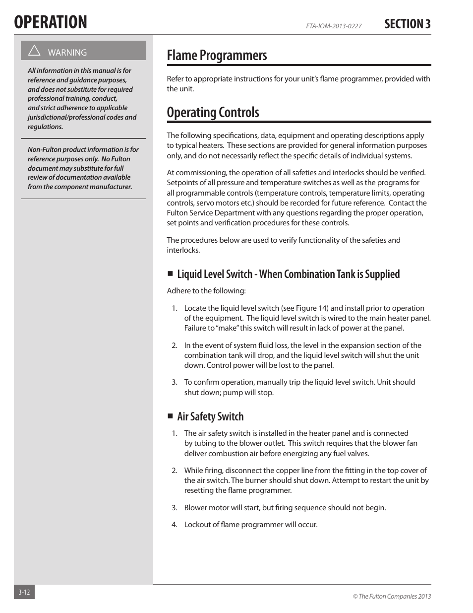 Operation, Flame programmers, Operating controls | Air safety switch | Fulton Vertical Tubeless (FT-A) Thermal Fluid (hot oil) Heater User Manual | Page 52 / 84