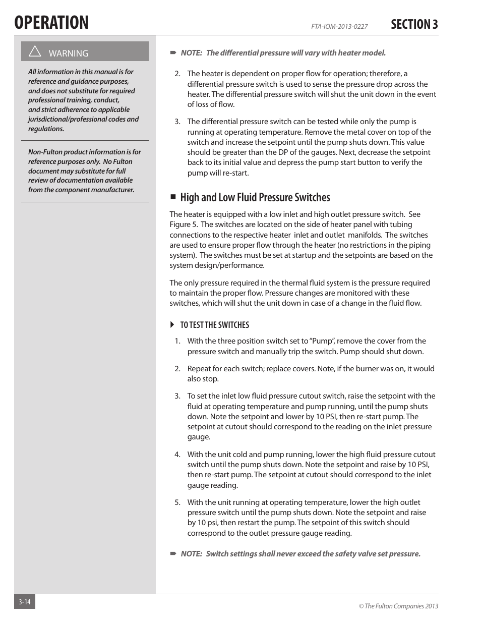 Operation, High and low fluid pressure switches | Fulton Vertical Tubeless (FT-A) Thermal Fluid (hot oil) Heater User Manual | Page 54 / 84