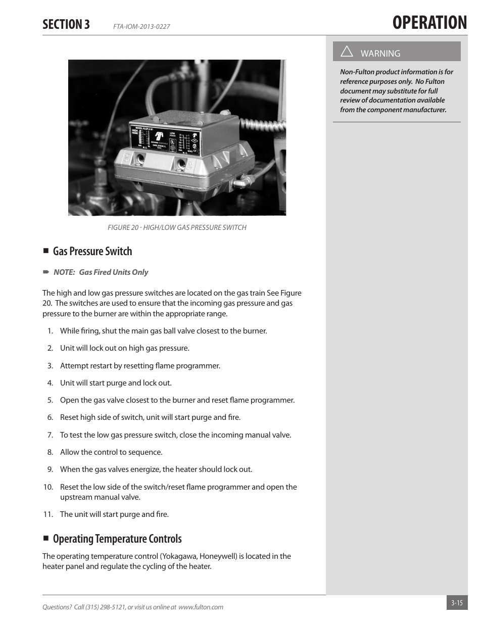 Operation, Gas pressure switch, Operating temperature controls | Fulton Vertical Tubeless (FT-A) Thermal Fluid (hot oil) Heater User Manual | Page 55 / 84