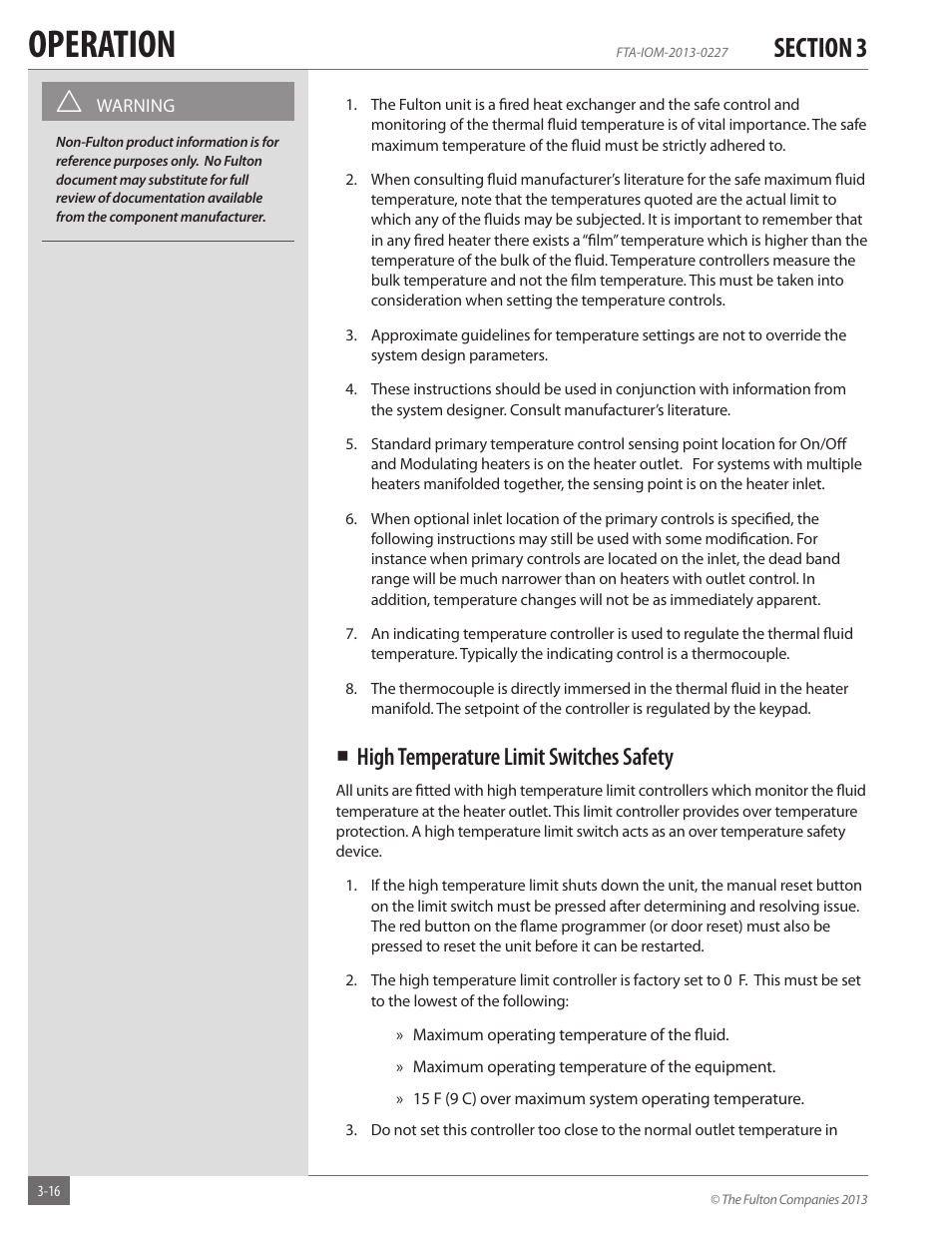 Operation, High temperature limit switches safety | Fulton Vertical Tubeless (FT-A) Thermal Fluid (hot oil) Heater User Manual | Page 56 / 84