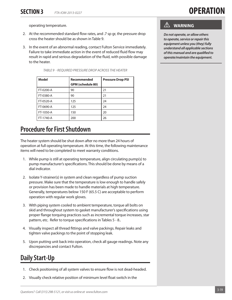 Operation, Procedure for first shutdown, Daily start-up | Fulton Vertical Tubeless (FT-A) Thermal Fluid (hot oil) Heater User Manual | Page 59 / 84