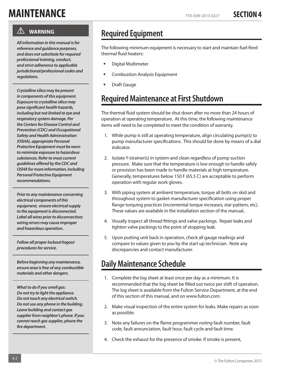 Maintenance, Required equipment, Required maintenance at first shutdown | Daily maintenance schedule | Fulton Vertical Tubeless (FT-A) Thermal Fluid (hot oil) Heater User Manual | Page 62 / 84