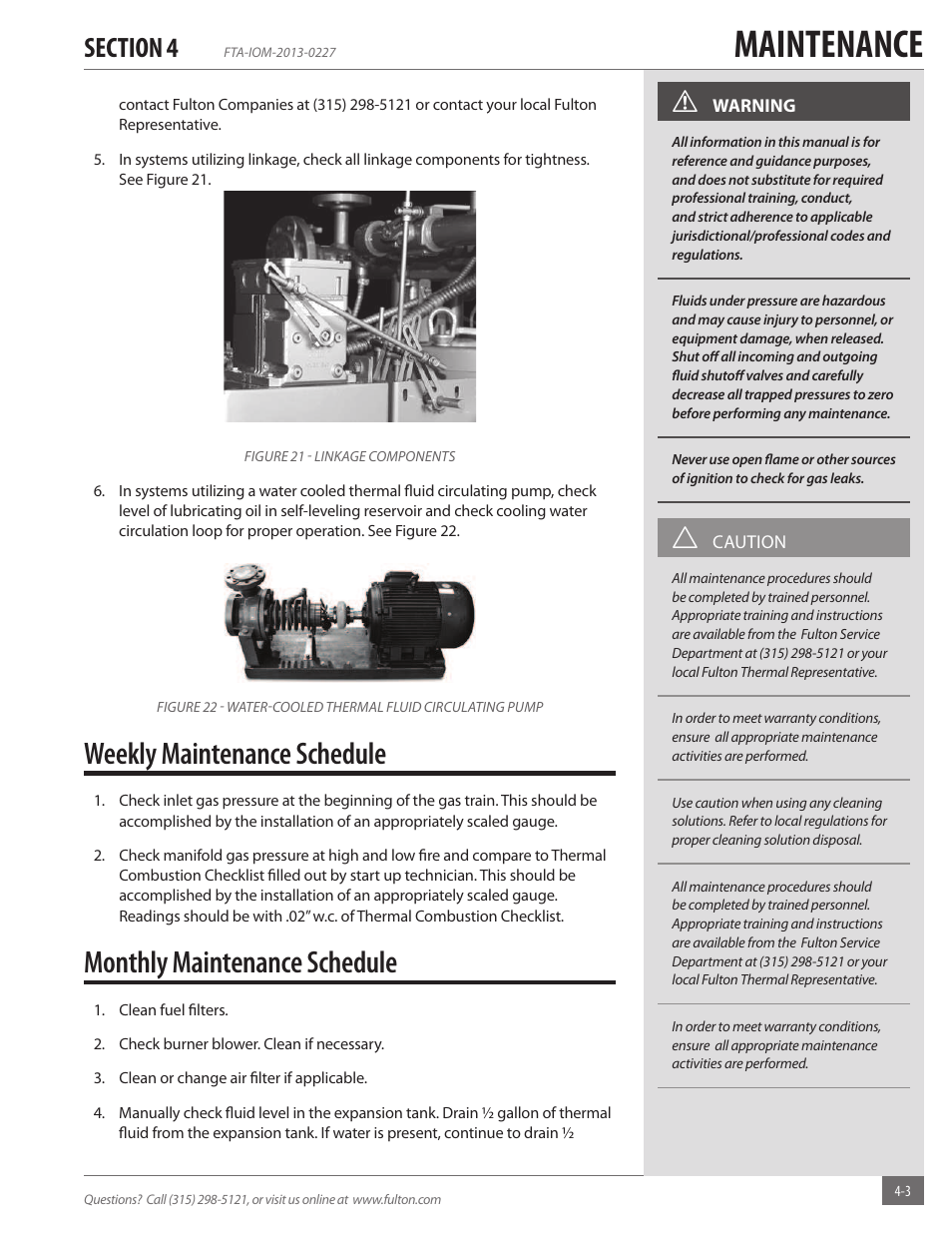 Maintenance, Weekly maintenance schedule, Monthly maintenance schedule | Fulton Vertical Tubeless (FT-A) Thermal Fluid (hot oil) Heater User Manual | Page 63 / 84