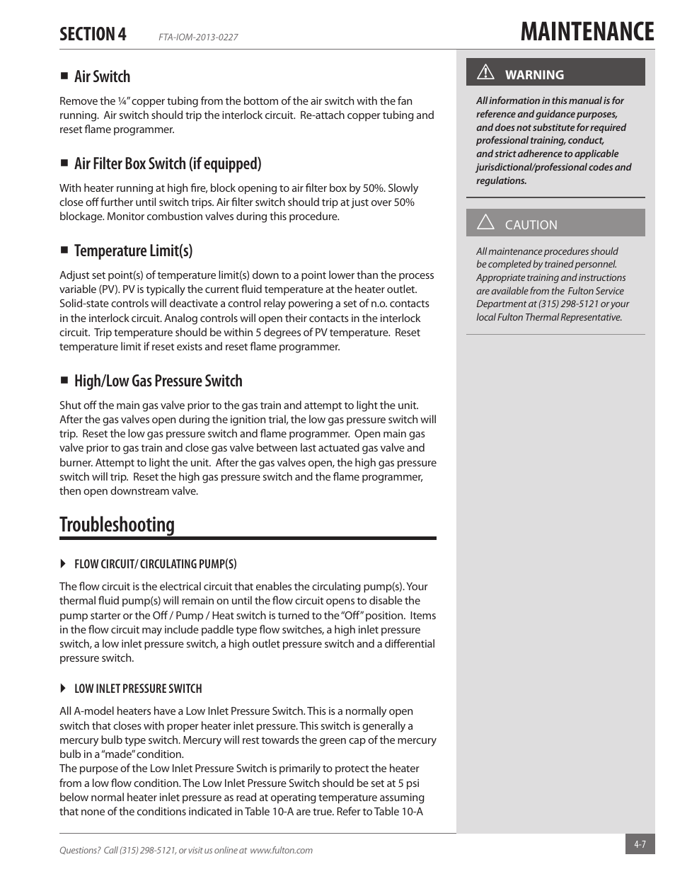 Maintenance, Troubleshooting | Fulton Vertical Tubeless (FT-A) Thermal Fluid (hot oil) Heater User Manual | Page 67 / 84