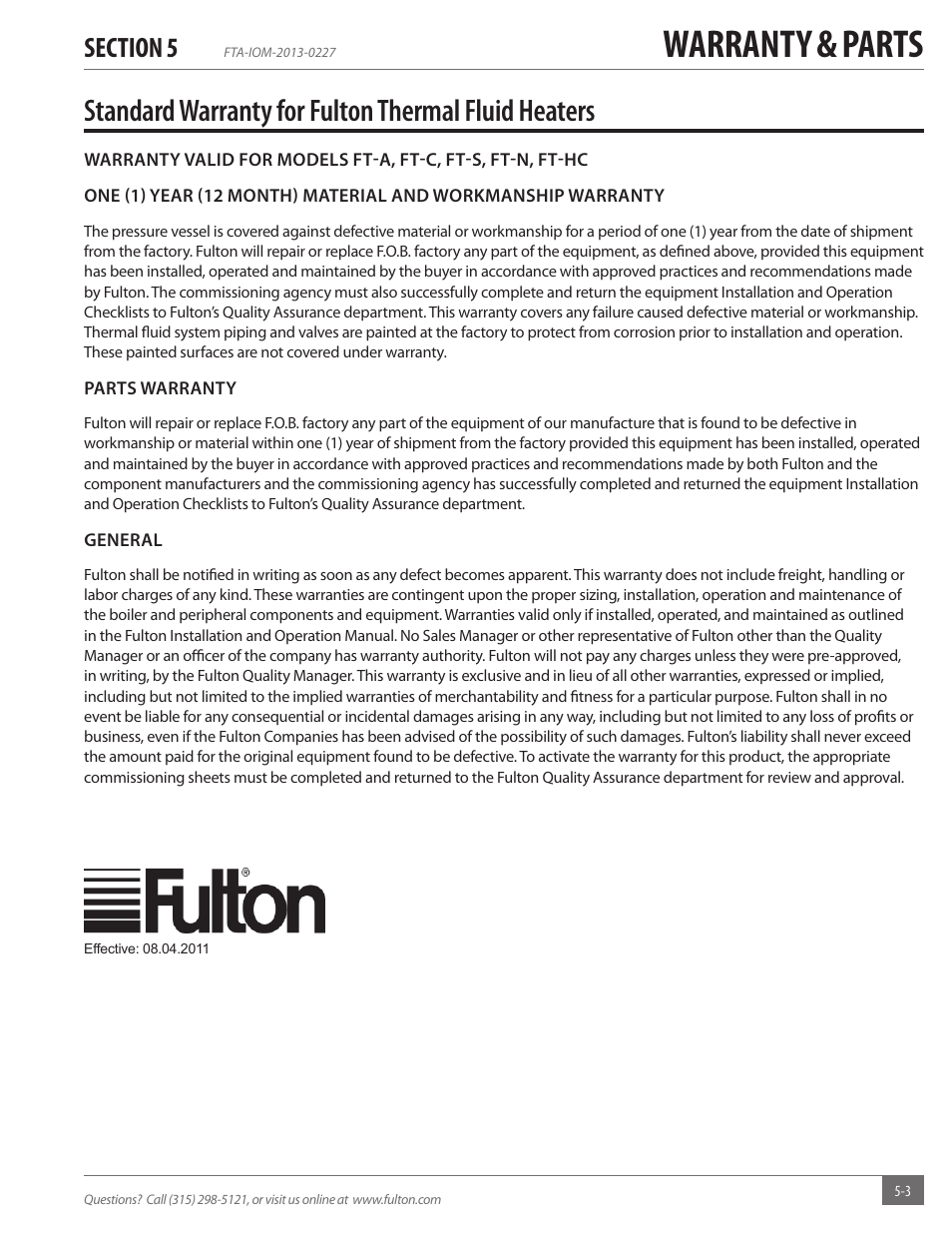 Warranty & parts, Standard warranty for fulton thermal fluid heaters | Fulton Vertical Tubeless (FT-A) Thermal Fluid (hot oil) Heater User Manual | Page 81 / 84