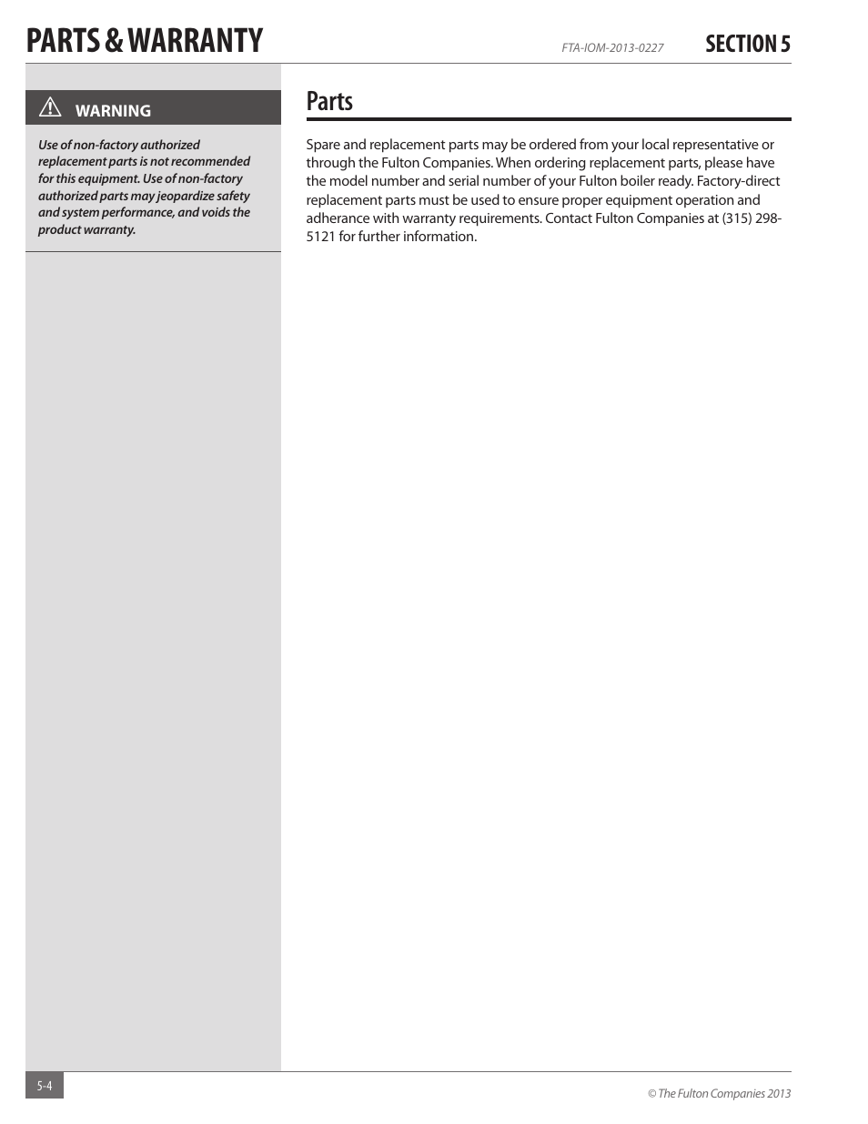 Parts & warranty, Parts | Fulton Vertical Tubeless (FT-A) Thermal Fluid (hot oil) Heater User Manual | Page 82 / 84