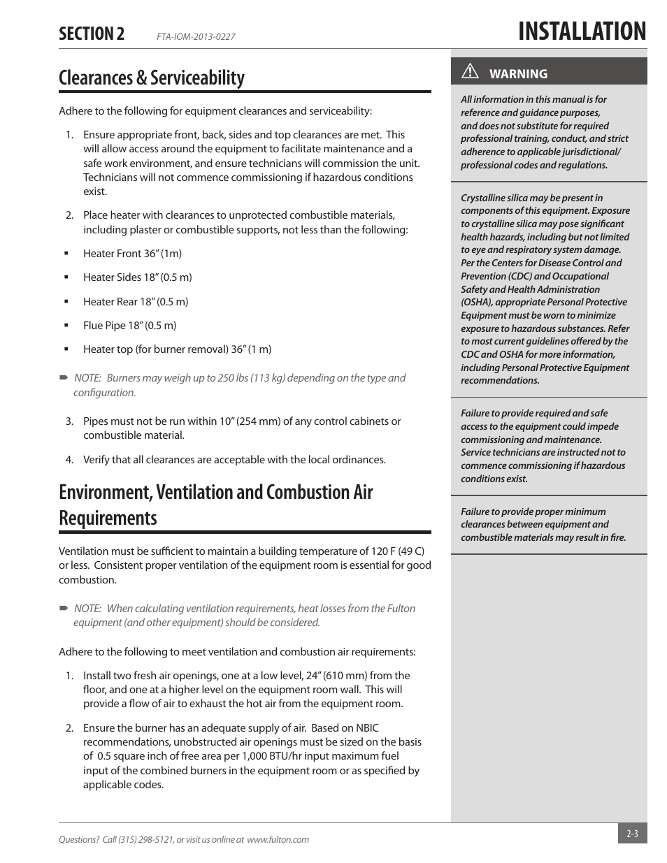 Installation, Clearances & serviceability | Fulton Vertical Tubeless (FT-A) Thermal Fluid (hot oil) Heater User Manual | Page 9 / 84