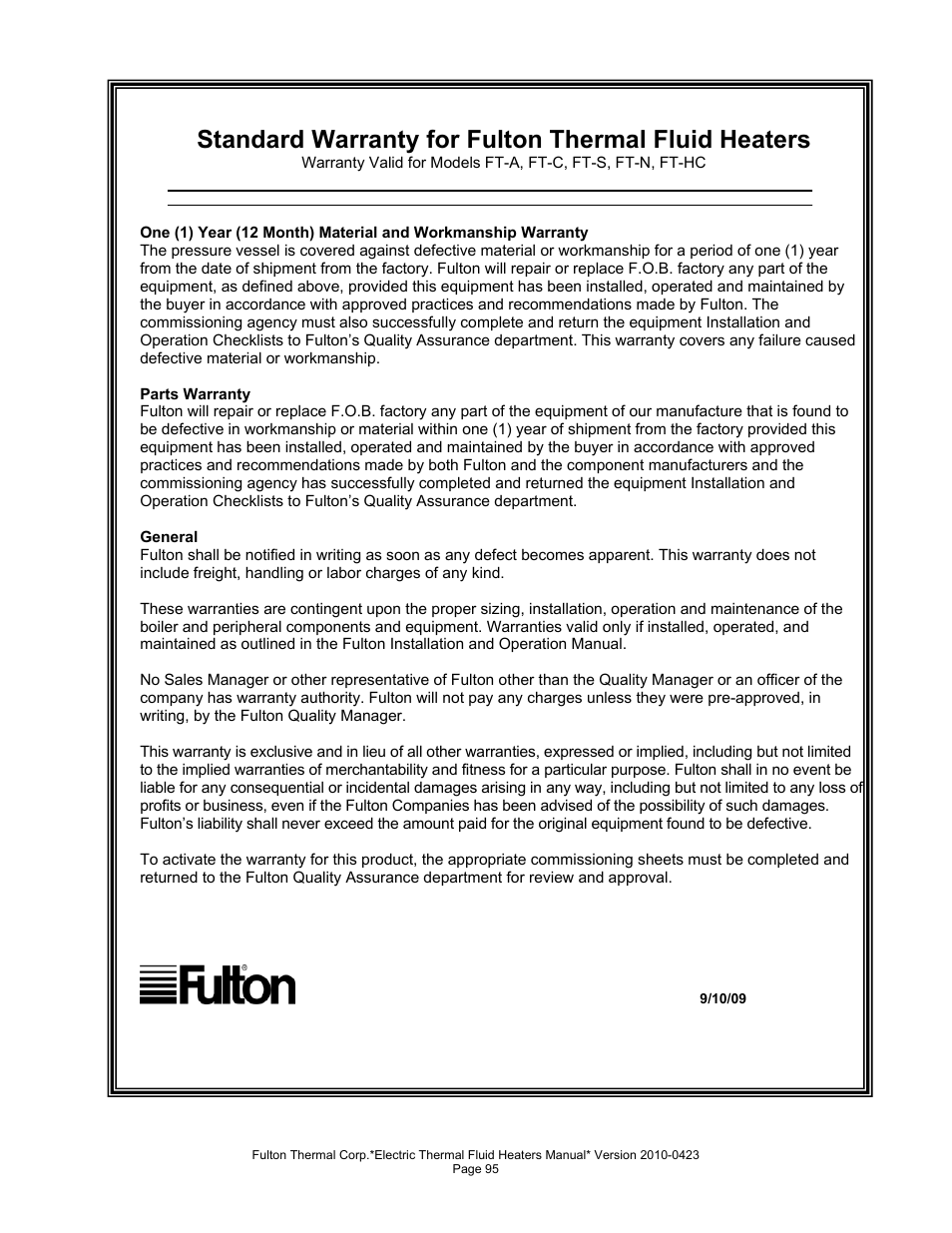 Standard warranty for fulton thermal fluid heaters | Fulton Vertical Electric (FT-N) Thermal Fluid (hot oil) Heater User Manual | Page 95 / 108