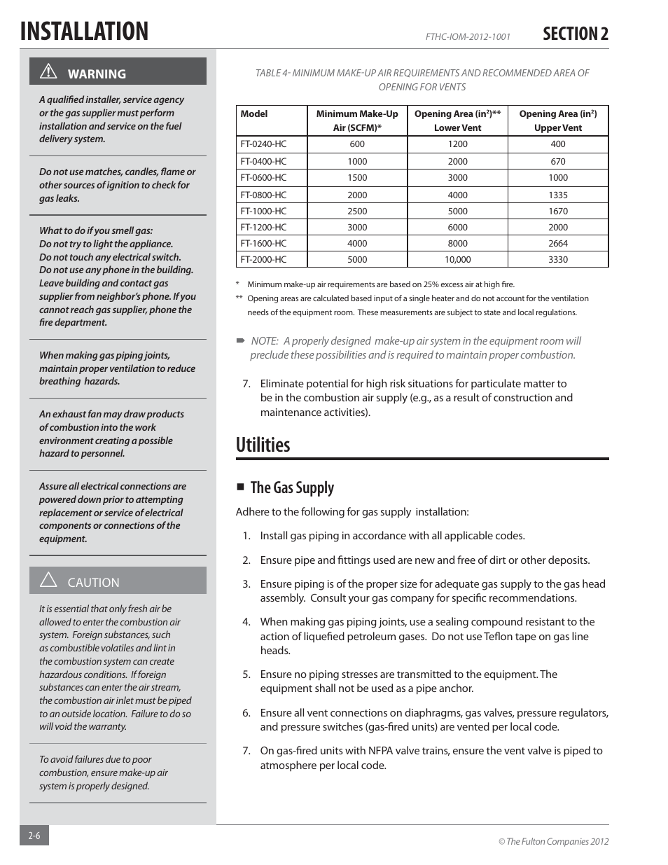 Installation, Utilities, The gas supply | Fulton Alliance (FT-HC) Horizontal Coil Thermal Fluid (hot oil) Heater User Manual | Page 12 / 88