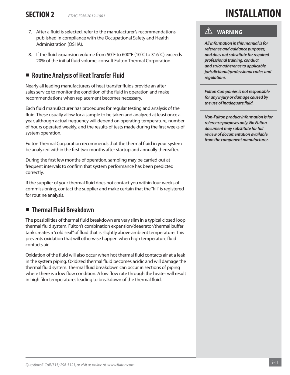Installation, Routine analysis of heat transfer fluid, Thermal fluid breakdown | Fulton Alliance (FT-HC) Horizontal Coil Thermal Fluid (hot oil) Heater User Manual | Page 17 / 88