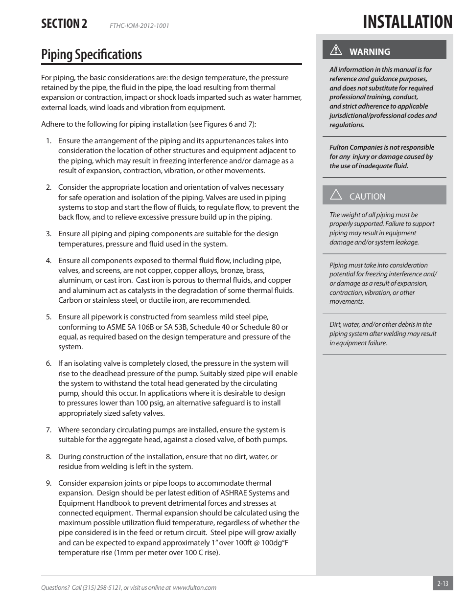 Installation, Piping speciﬁ cations | Fulton Alliance (FT-HC) Horizontal Coil Thermal Fluid (hot oil) Heater User Manual | Page 19 / 88
