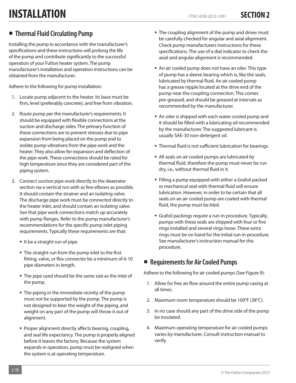Installation, Thermal fluid circulating pump, Requirements for air cooled pumps | Fulton Alliance (FT-HC) Horizontal Coil Thermal Fluid (hot oil) Heater User Manual | Page 24 / 88