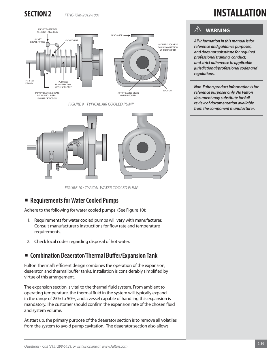 Installation, Requirements for water cooled pumps, Warning | Fulton Alliance (FT-HC) Horizontal Coil Thermal Fluid (hot oil) Heater User Manual | Page 25 / 88
