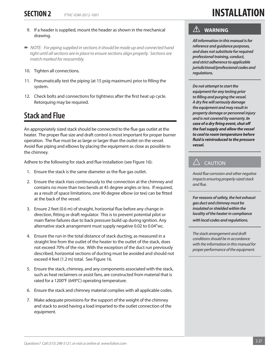 Installation, Stack and flue | Fulton Alliance (FT-HC) Horizontal Coil Thermal Fluid (hot oil) Heater User Manual | Page 33 / 88